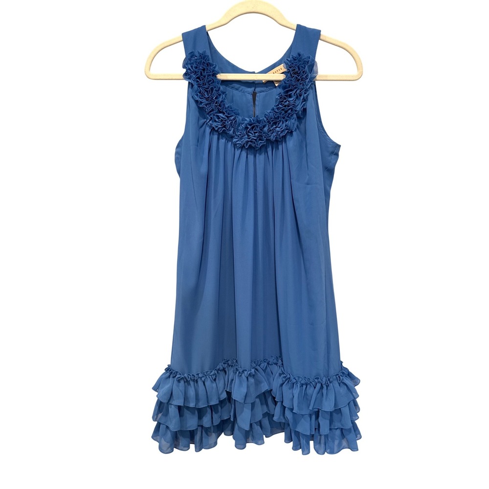 Ted Baker Ruffle Hem Mini Dress Floral Neckline 3 Bright Blue Chiffon Shift Chic